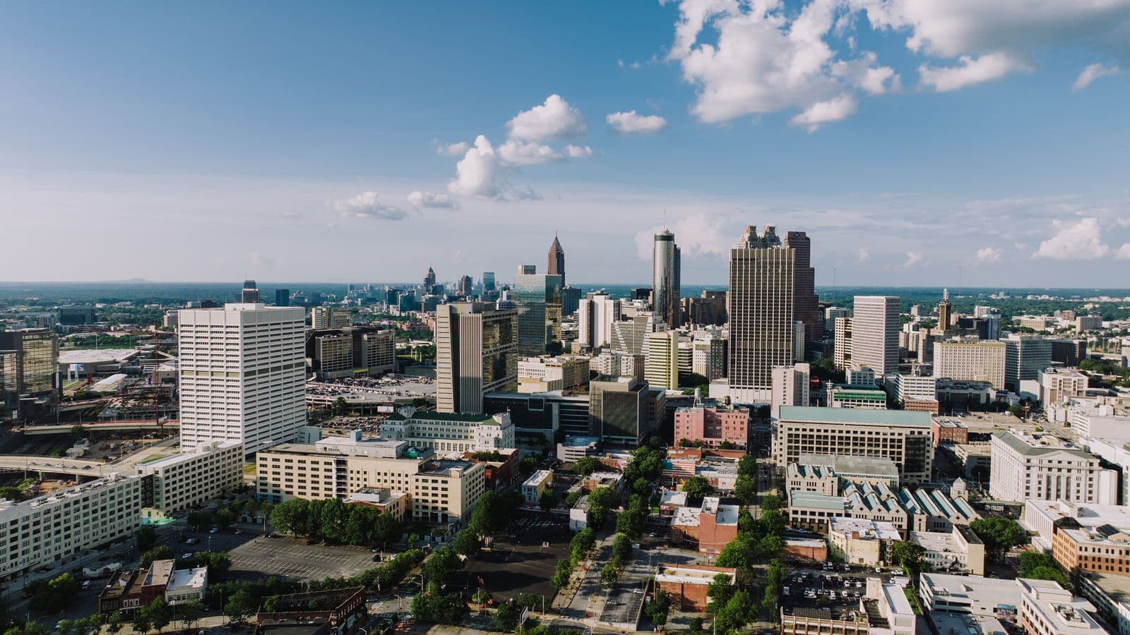 Aerial view of the downtown Atlanta, Georgia skyline on a sunny day