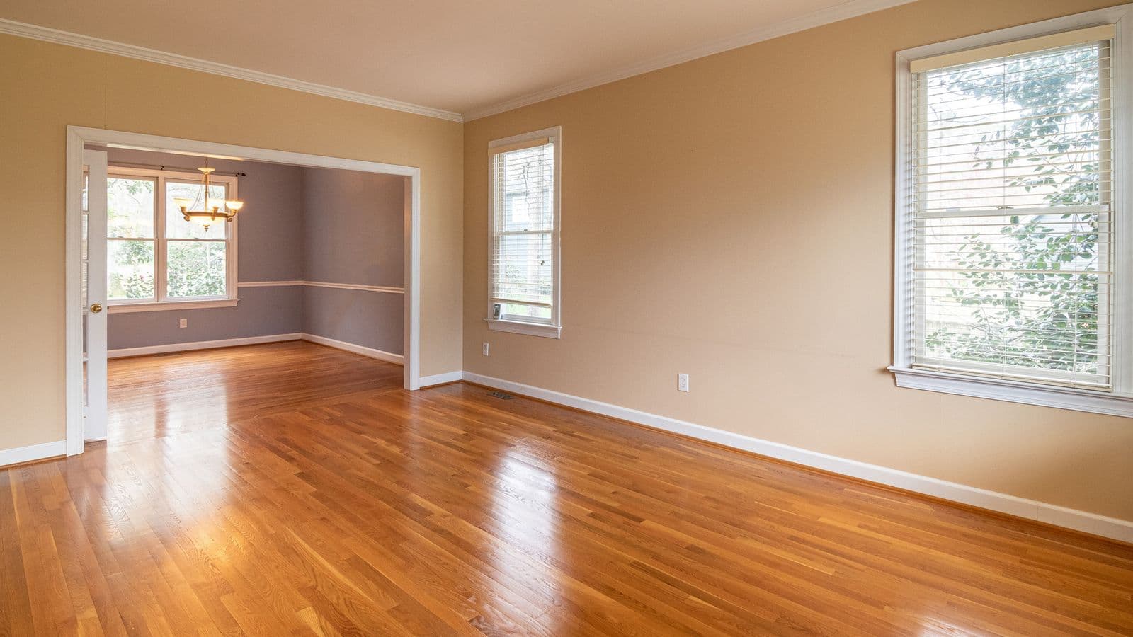Bright empty room with hardwood floors in a vacant house